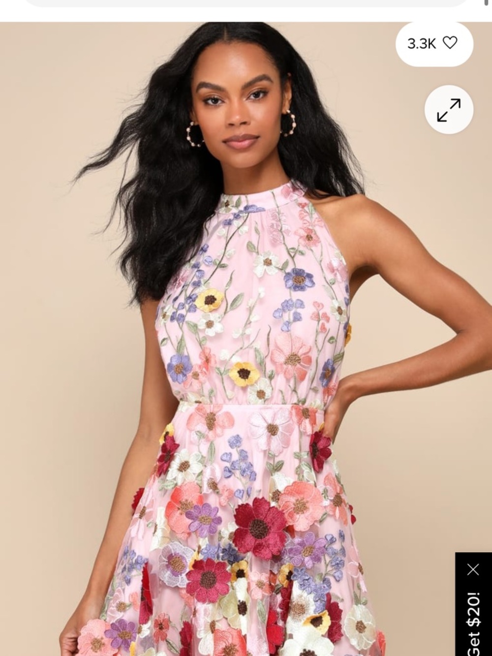 Lulu's Blooming Bliss Pink 3D Floral Embroidered Halter Mini Dress - Picture 2 of 5